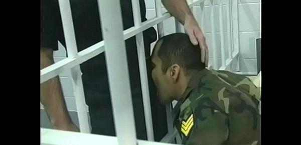  Randy stud getting his cock sucked off by soldier in the cell
